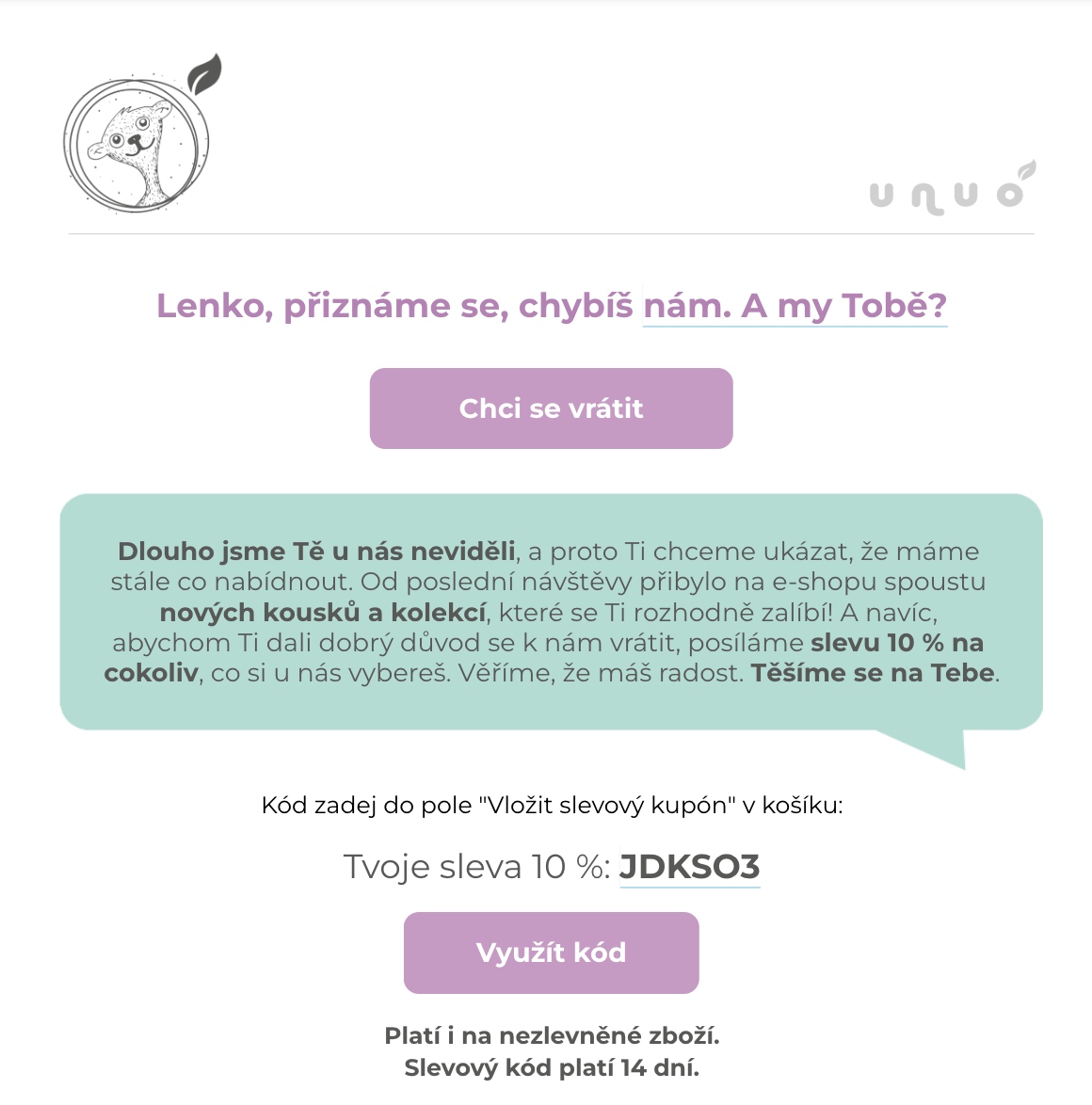 Ukázka e-mailu sleva na první nákup klienta Unuo.cz