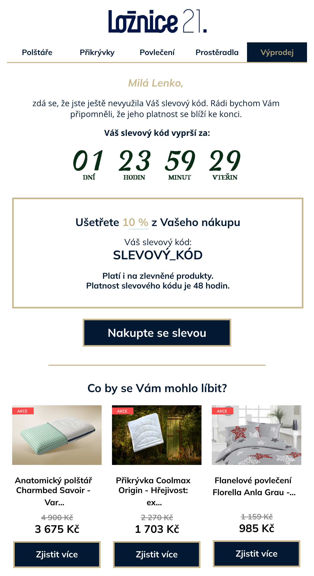 Ukázka automatického e-mailu sleva na první nákup klienta Loznice21.cz