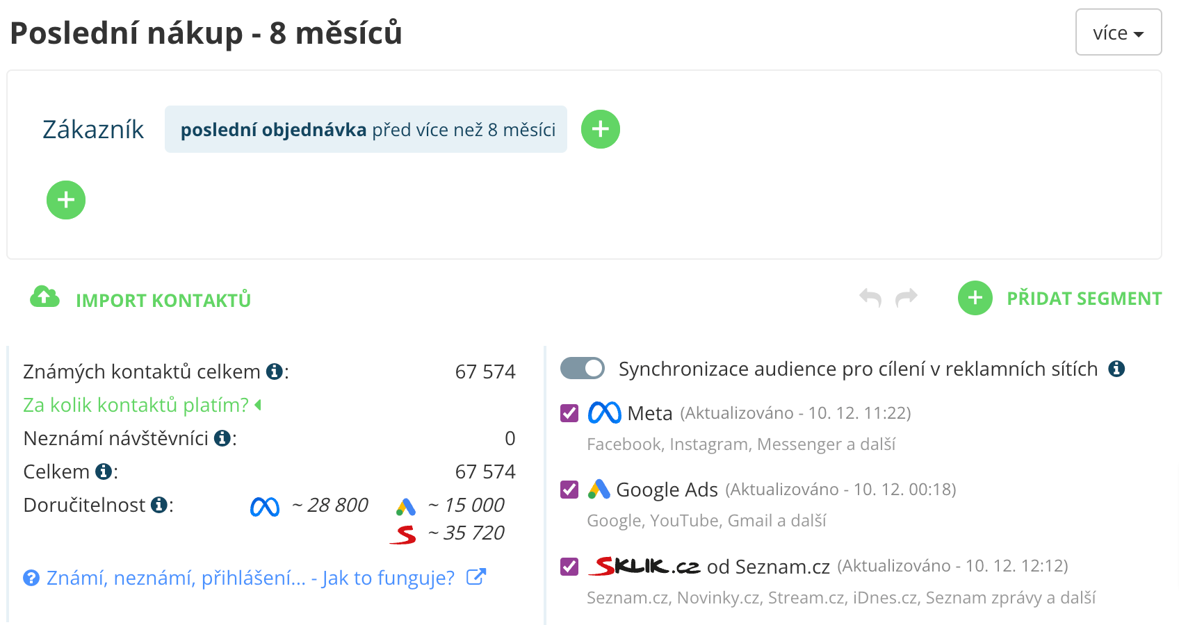 Náhled zapnuté synchronizace do Meta Ads, Google Ads a Skliku