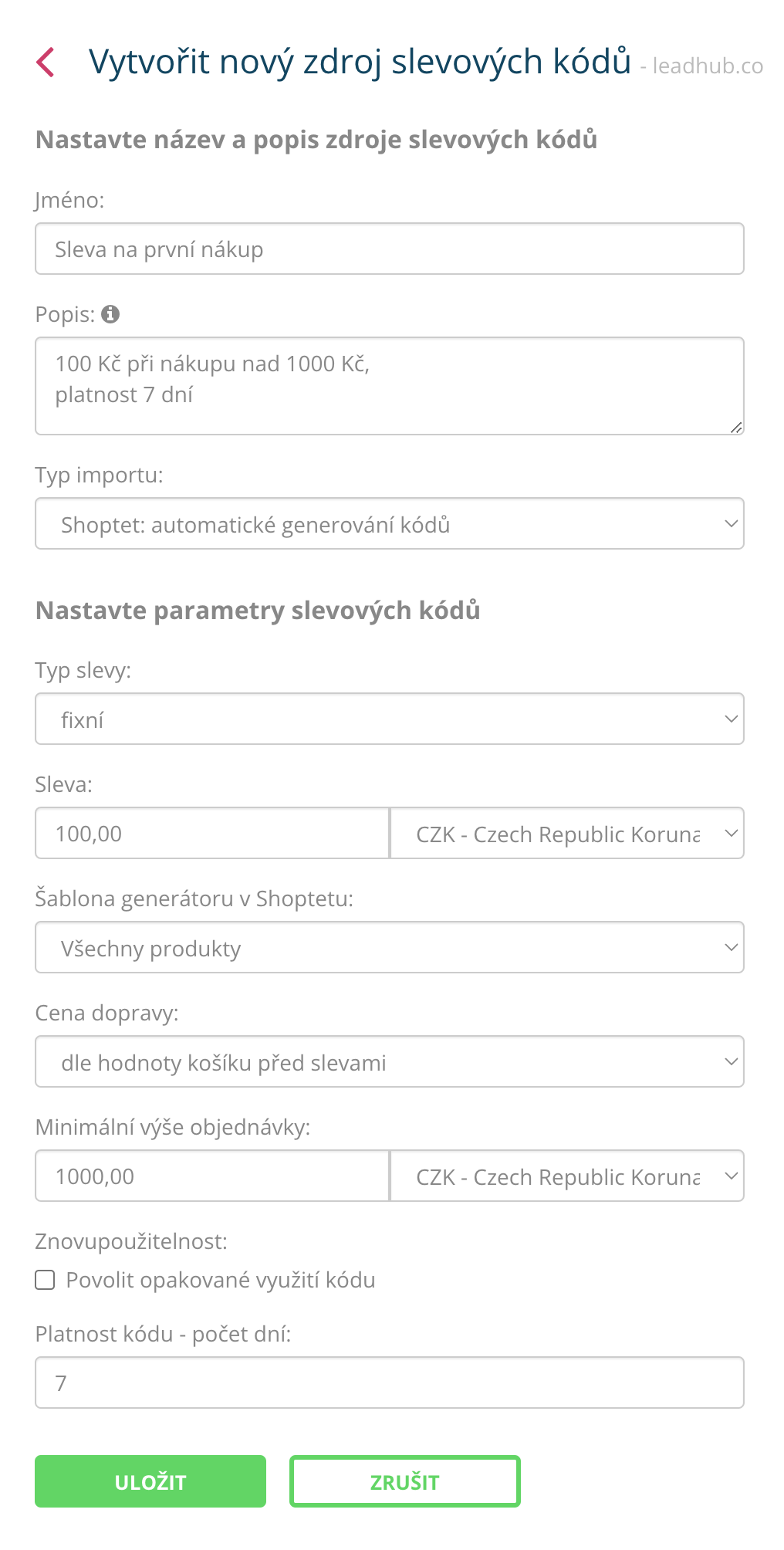 Formulář pro vytvoření slevových kódů v Leadhubu
