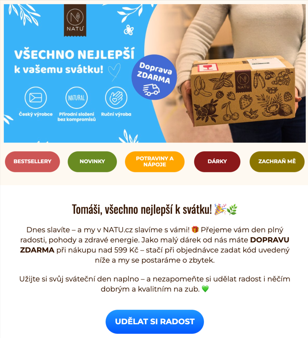 Ukázka e-mailu přání k svátku klienta Natu.cz