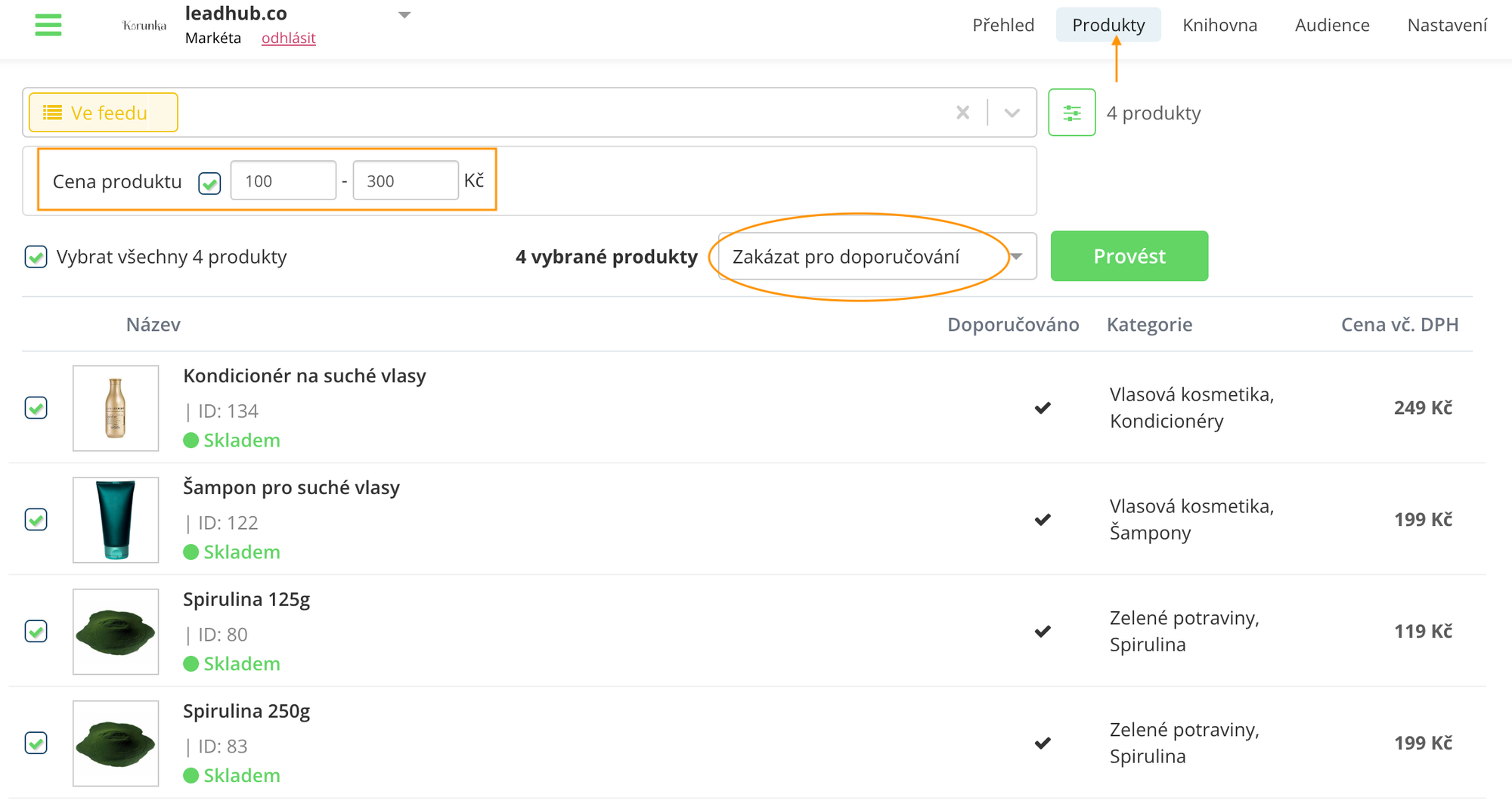 Jak zakázat doporučené produkty v Leadhubu