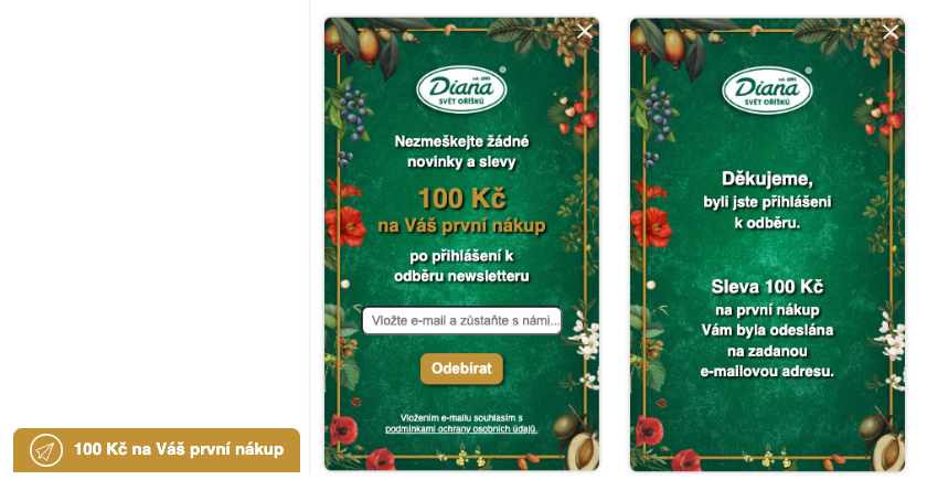 Ukázka pop-upu sleva na první nákup klienta Diana-company.cz