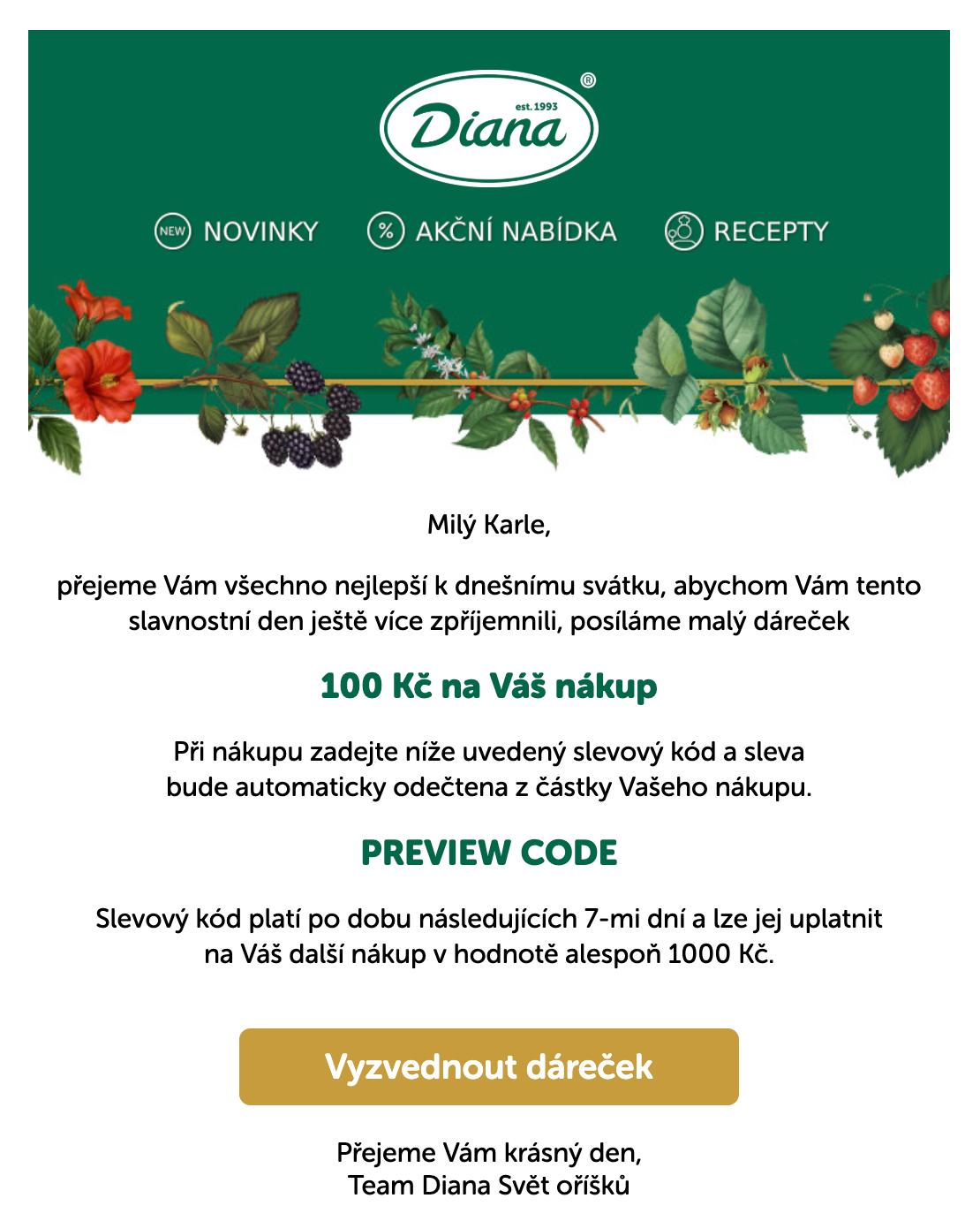 Příklad kampaně Přání k svátku klienta Diana-company.cz