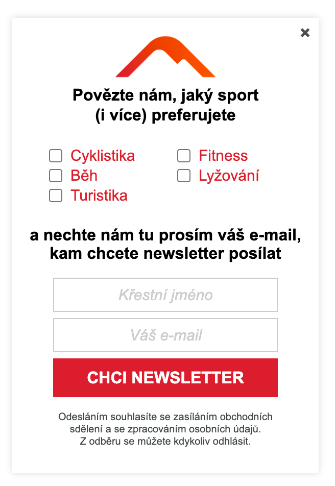 Ukázka pop-upu klienta Sportovna.cz