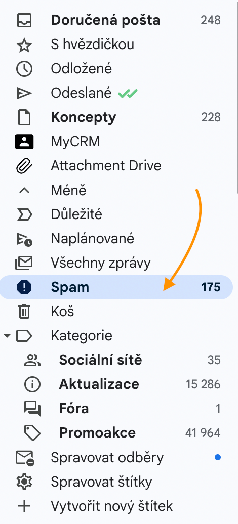 Ukázka e-mailové schránky spam