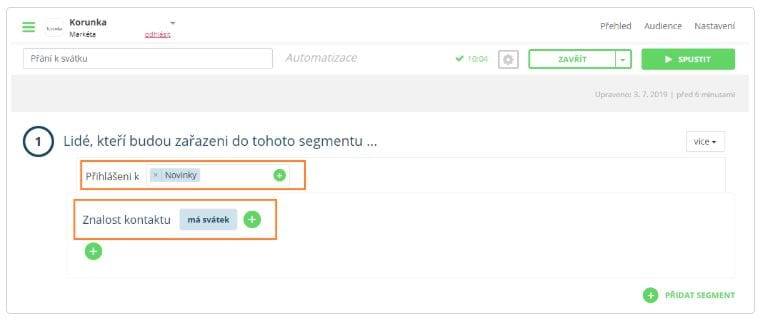 Segmentační pravidlo pro e-mailingovou automatickou kampaň přání k svátku