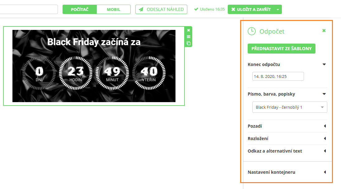 Přednastavený odpočet v e-mailu