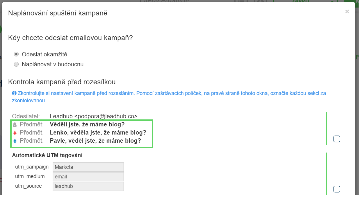 Ověření oslovení a personalizace textu před odesláním kampaně
