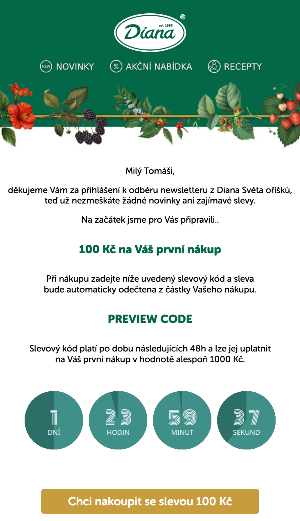 Ukázka e-mailu sleva na první nákup klienta Diana-company.cz