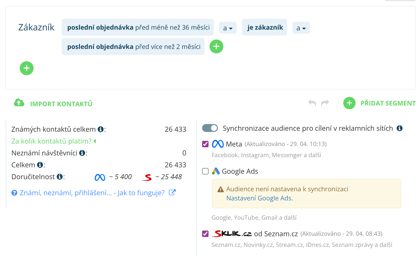 Synchronizace přesně definovaných segmentů z Leadhubu do reklamních kanálů - Sklik, Google Ads a Meta Ads