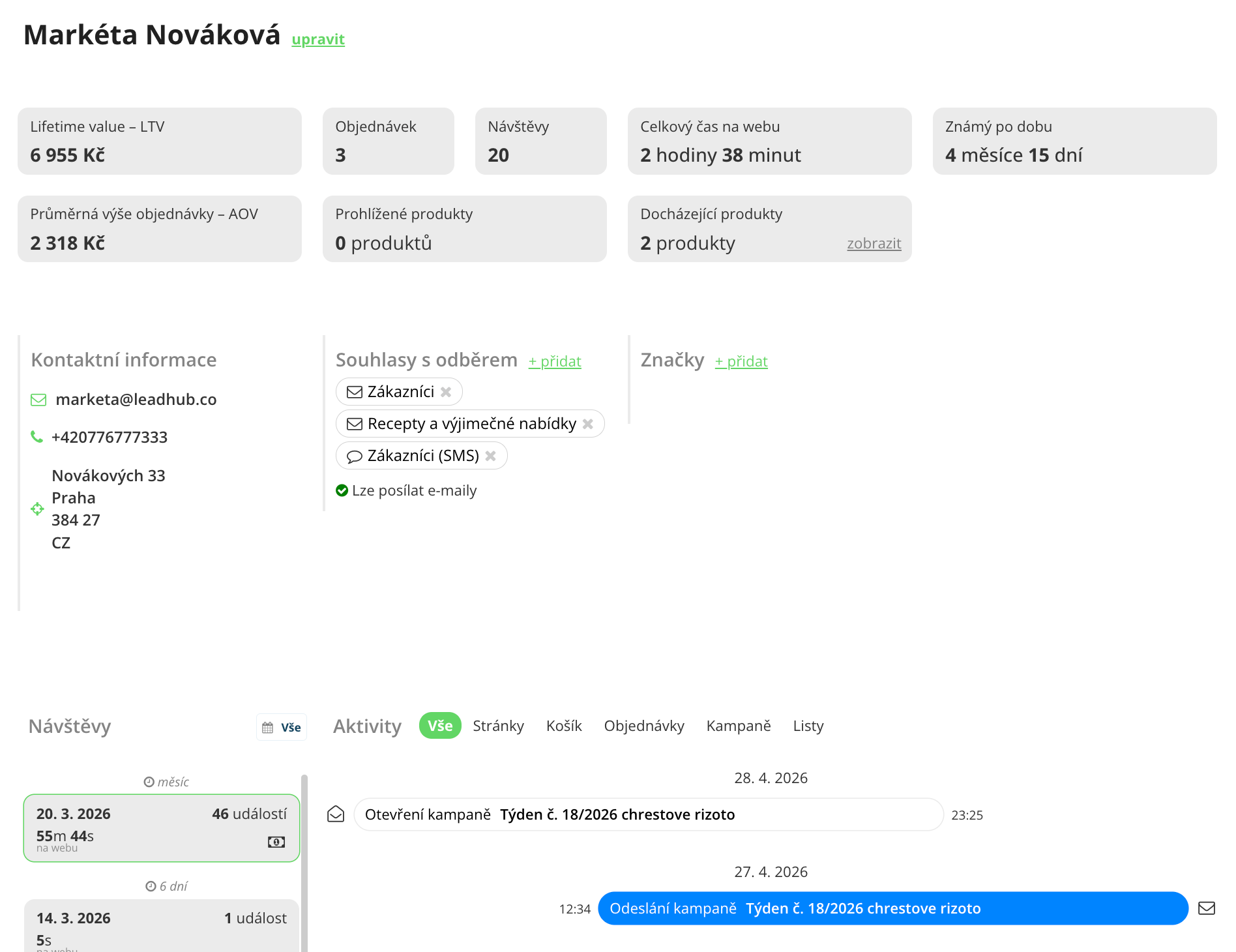 Detail kontaktu se všemi osobními údaji a nákupní historií, e-mailovou i webovou historií v Leadhubu