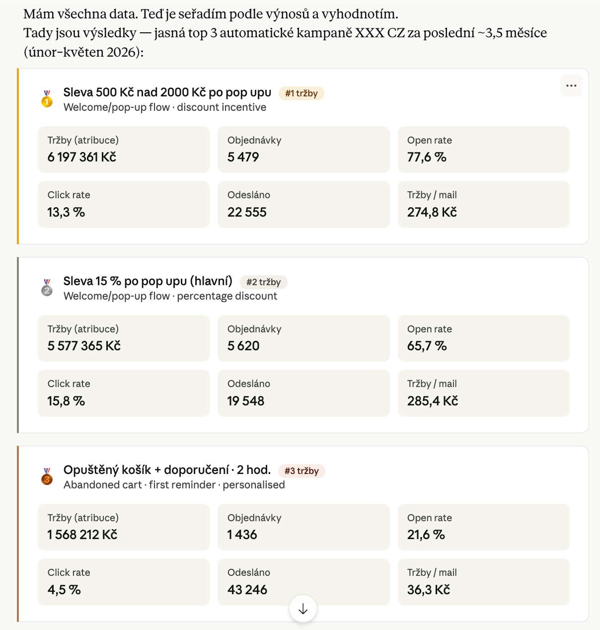 Analýza výkonu automatických kampaní v AI asistentu Claude