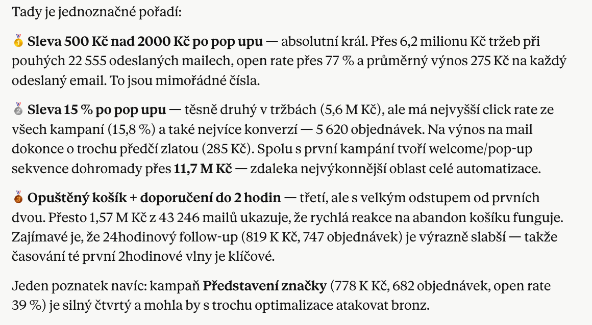 Analýza výkonu automatických kampaní v AI asistentu Claude