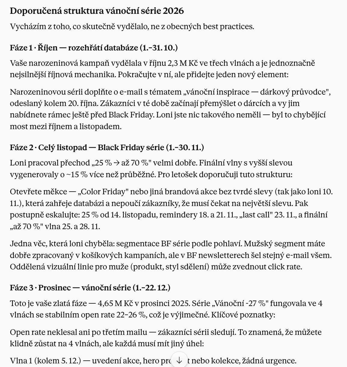 Přehled výsledků e-mailových kampaní v chatu s AI asistentem