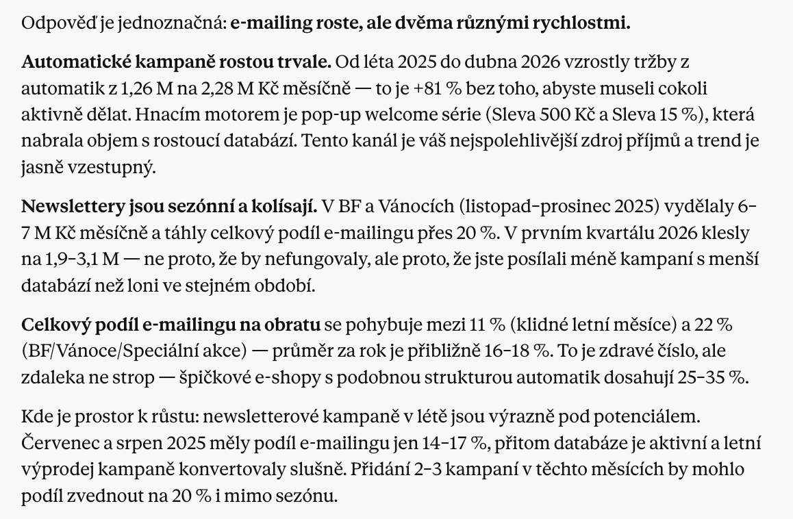 Porovnání tržeb z e-mailingu pomocí AI přes MCP Leadhub