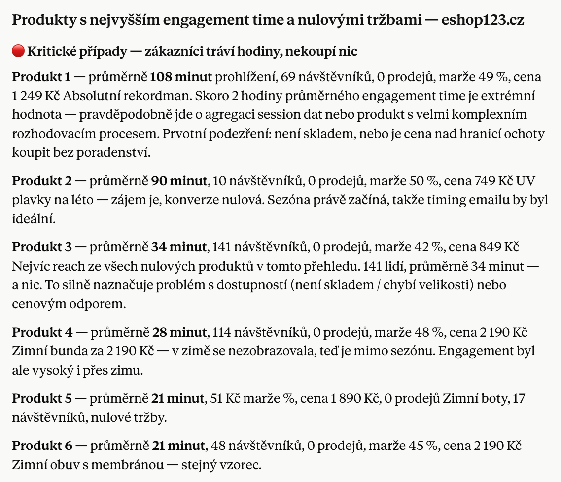 Výstup z Claude – produkty s vysokým poměrem impressions vůči reach