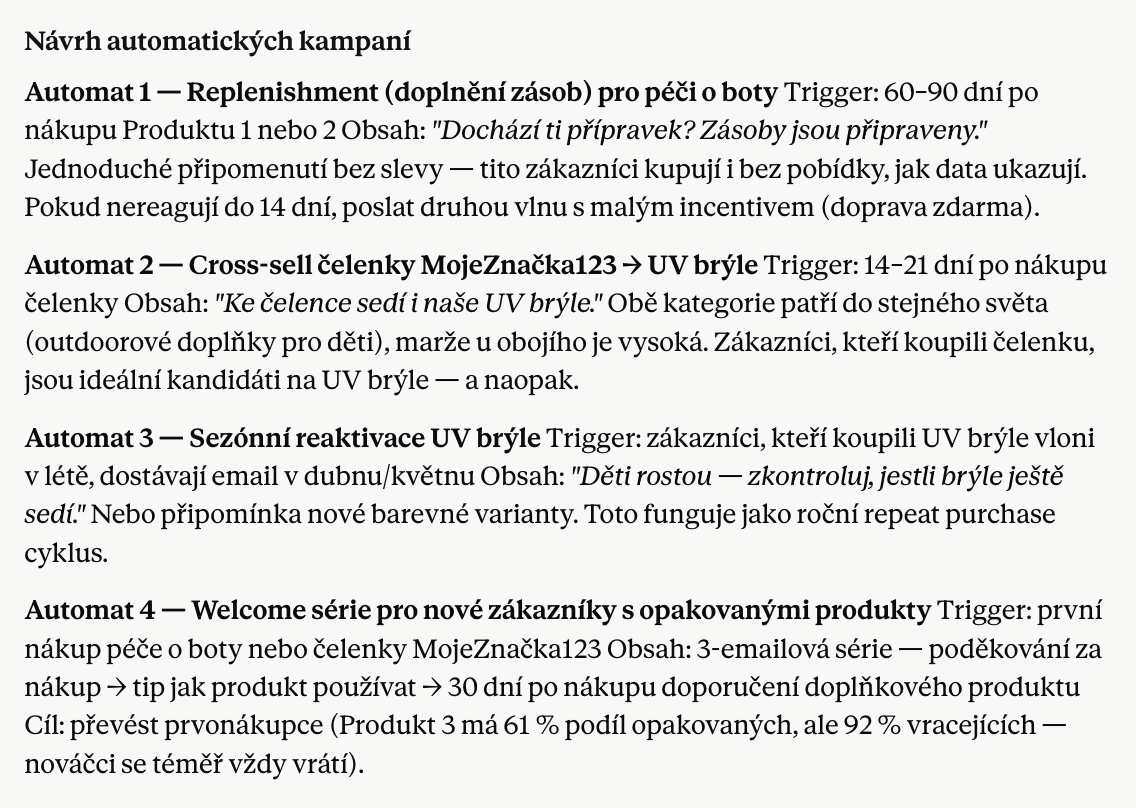 Návrh automatické kampaně na produkty s opakovaným nákupem od Claude