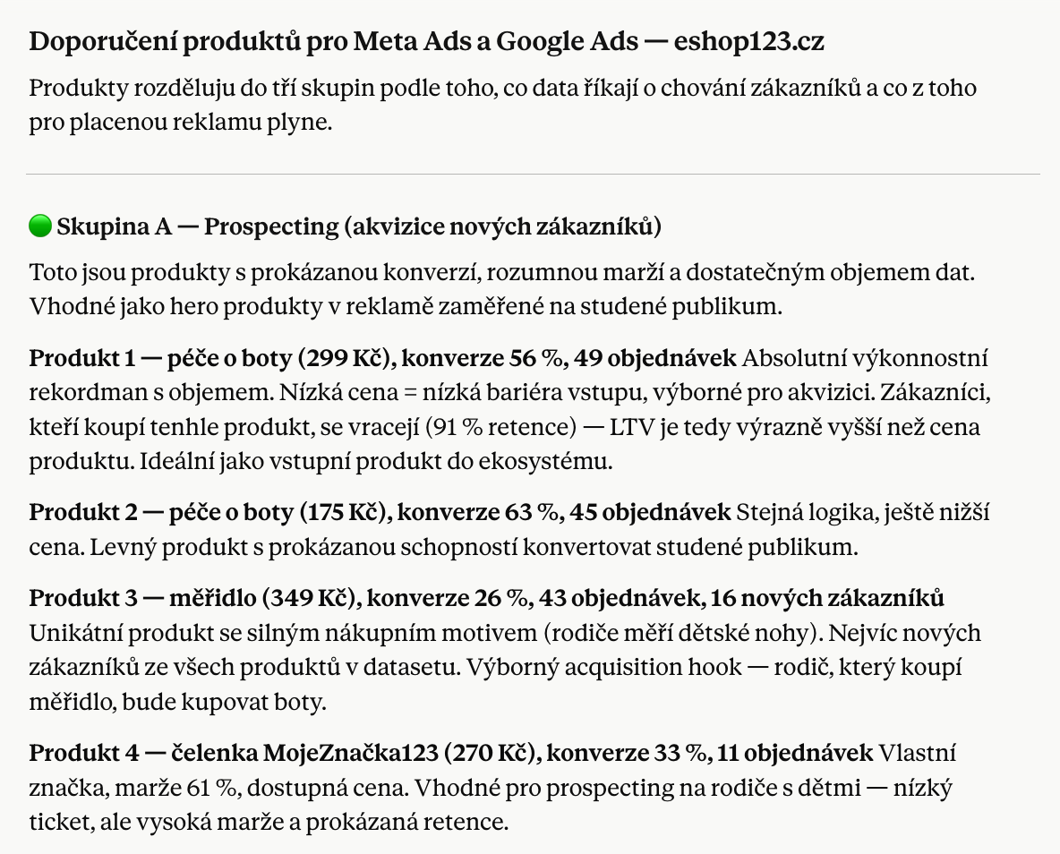 Výstup z Claude – skryté perly vhodné pro reklamní kampaně na základě konverzních dat