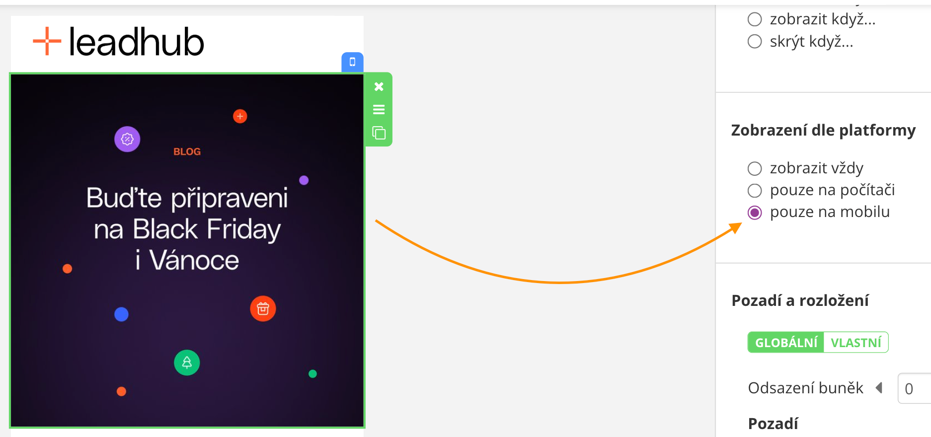 V Leadhubu nastavíte zobrazení prvku podle zařízení - mobil vs desktop