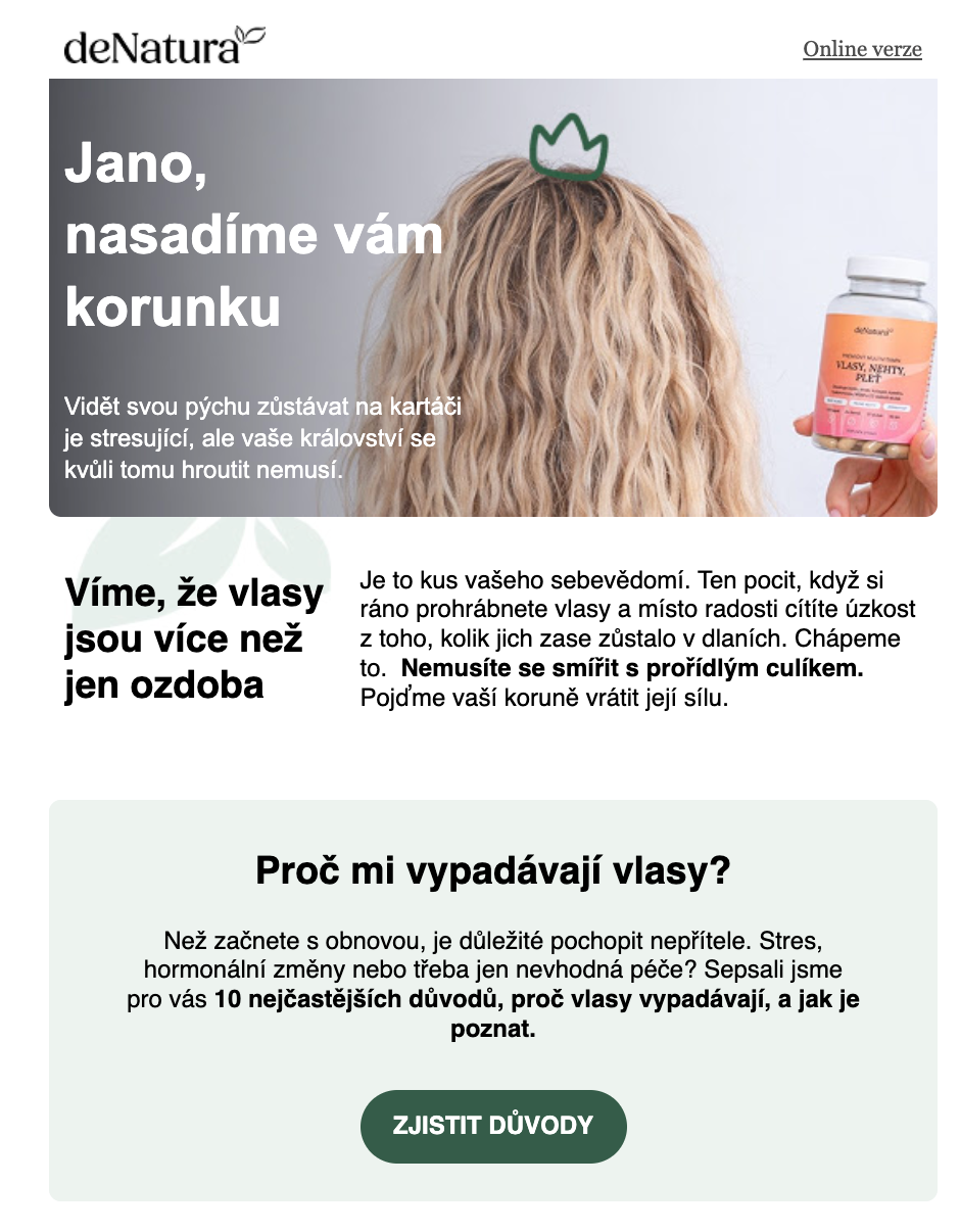 Ukázka obsahového newsletteru klienta denatura.cz vytvořený v Leadhubu