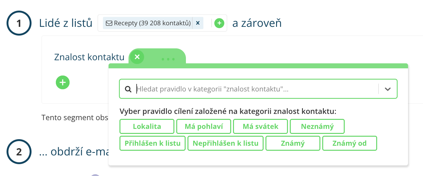 Segmentace podle znalosti kontaktu v Leadhubu: pohlaví, adresa, svátek