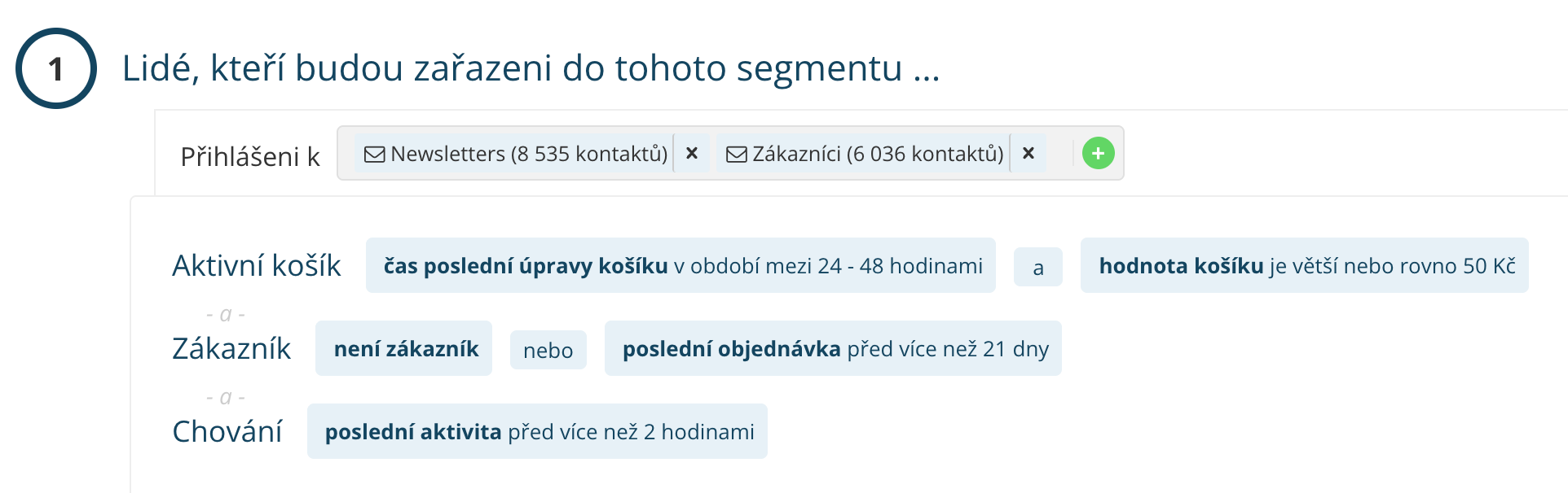 Segmentace podle e-mailové aktivity v Leadhubu: ukázka segmentu pro připomenutí opuštěného košíku