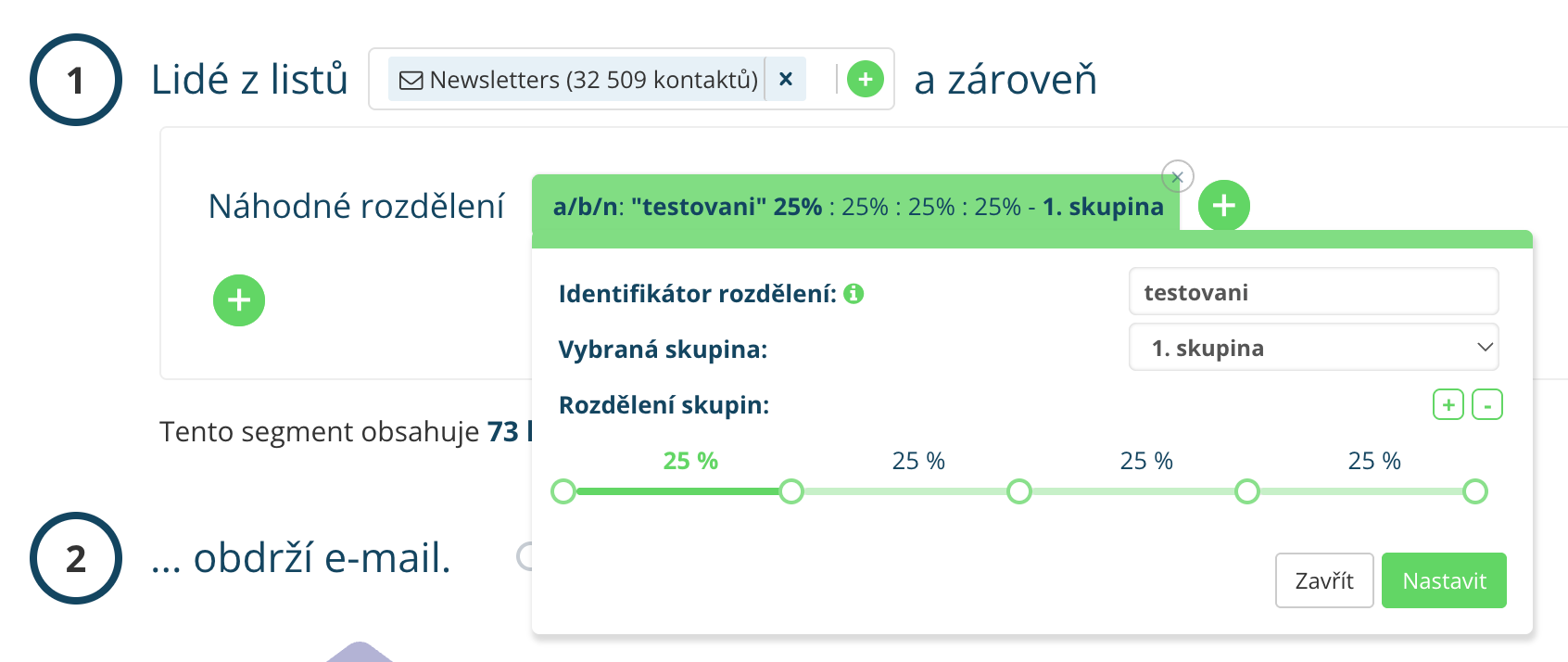  Rozdělení segmentu pro A/B testování kampaní v Leadhubu díky náhodnému rozdělení databáze
