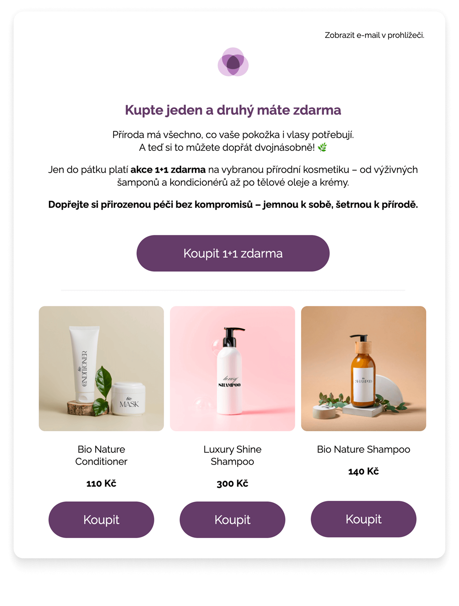 Jednosloupcový layout s třemi sloupci produktů, které se na mobilu skládají pod sebe