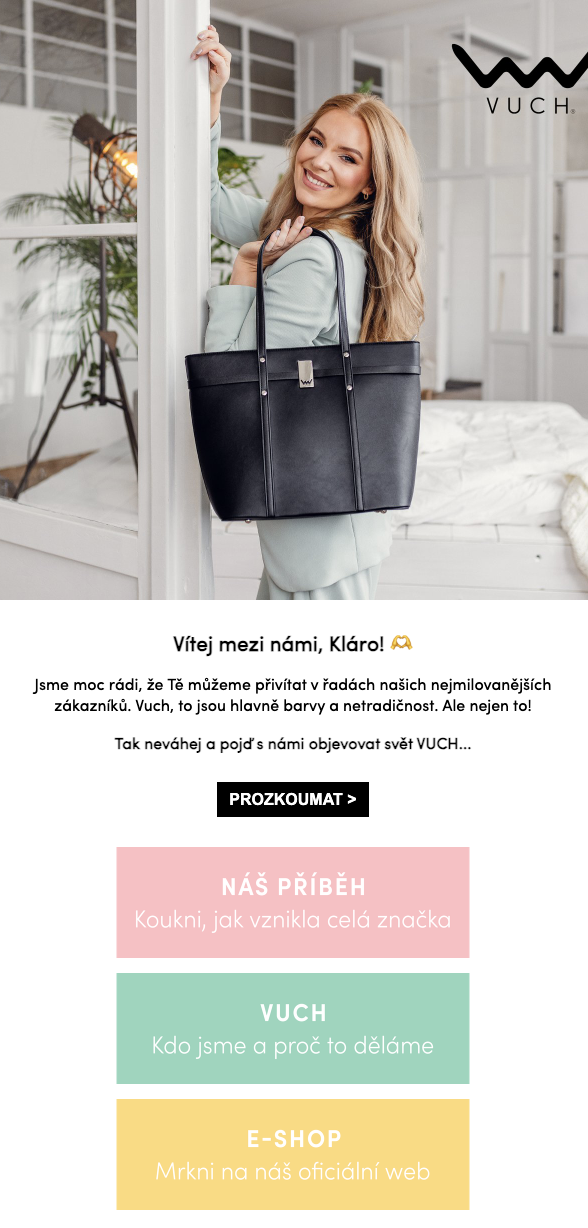 Uvítací e-mail klienta VUCH vytvořený v drag & drop editoru v Leadhubu