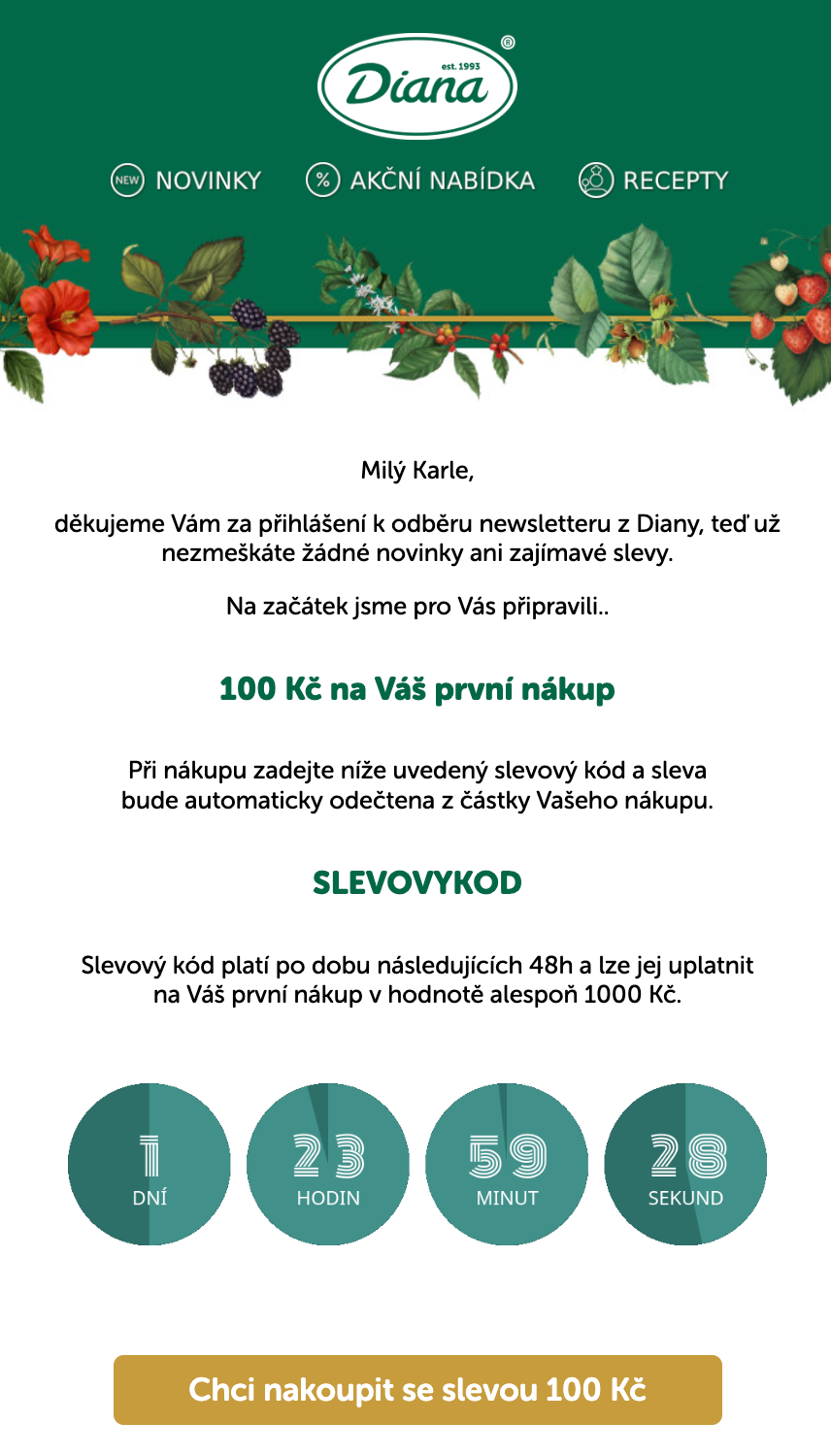 E-mail se slevovým kódem na první nákup klienta Diana - svět oříšků v Leadhubu
