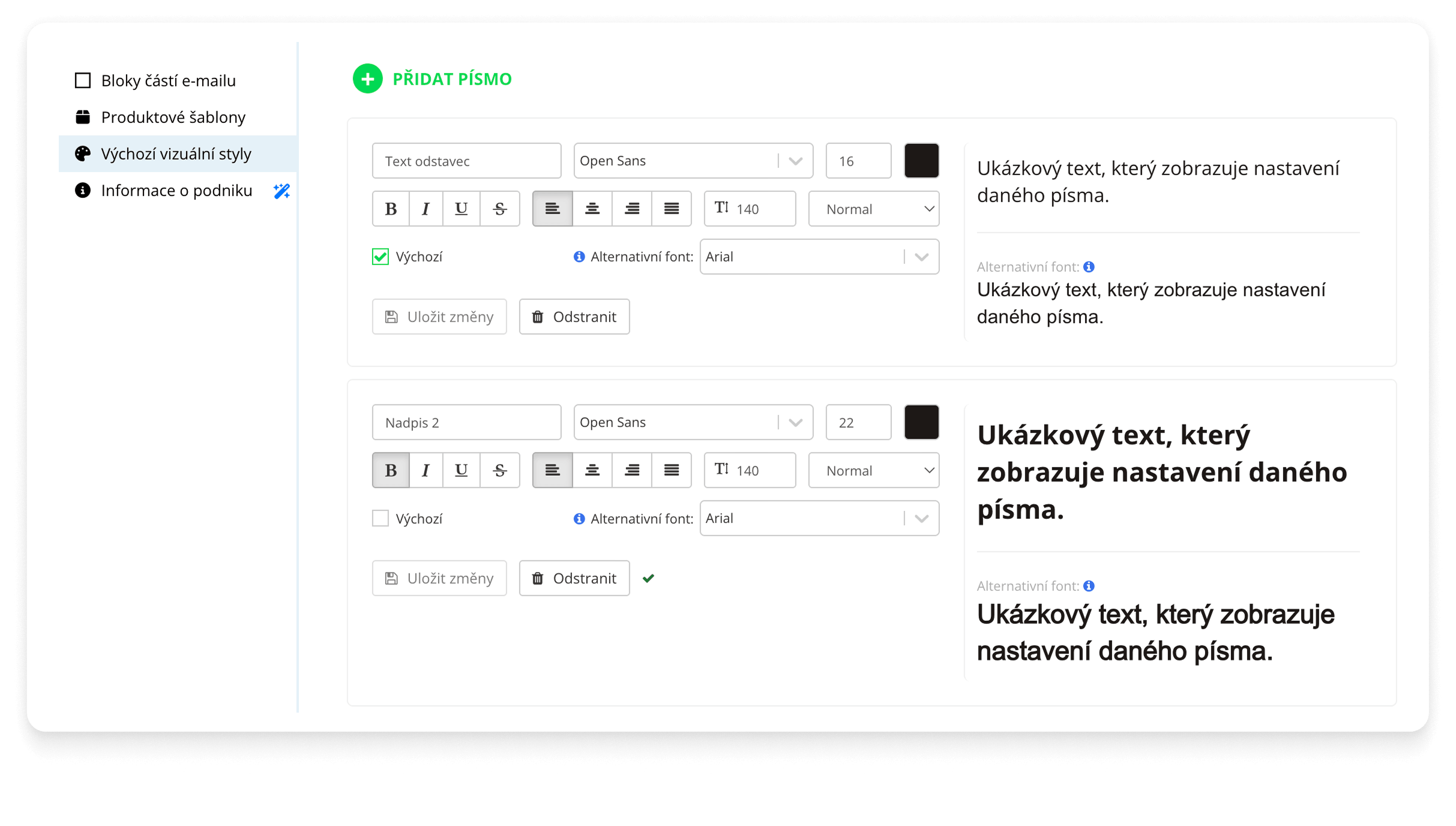 Výchozí vizuální styly v Leadhubu – nastavíte velikost, řádkování i alternativní font