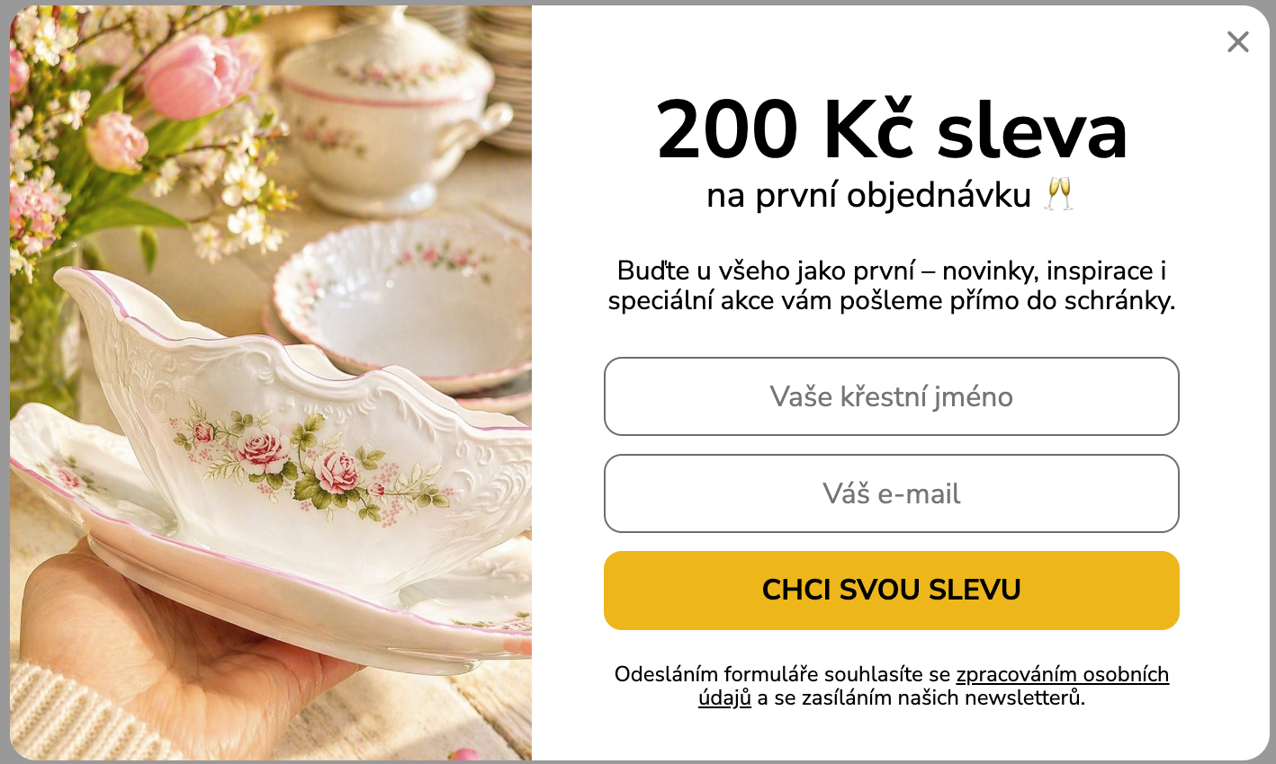 Ukázka pop-up se slevou na první nákup klienta svetsklaporcelanu.cz