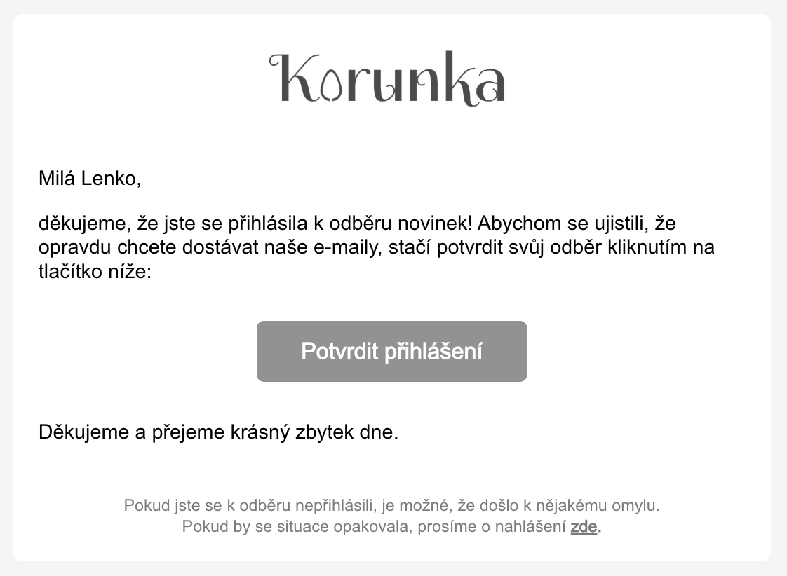 Ukázka e-mailu double opt-in v Leadhubu