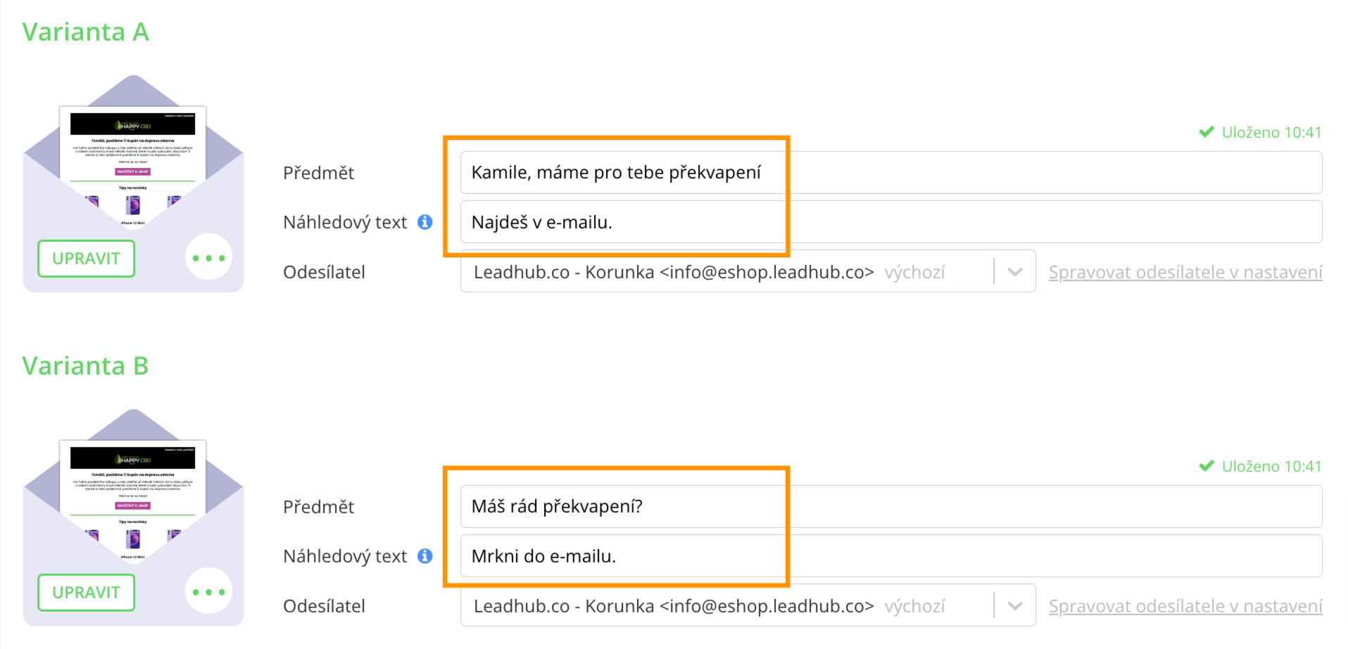 Ukázka nastavení A/B testování v Leadhubu