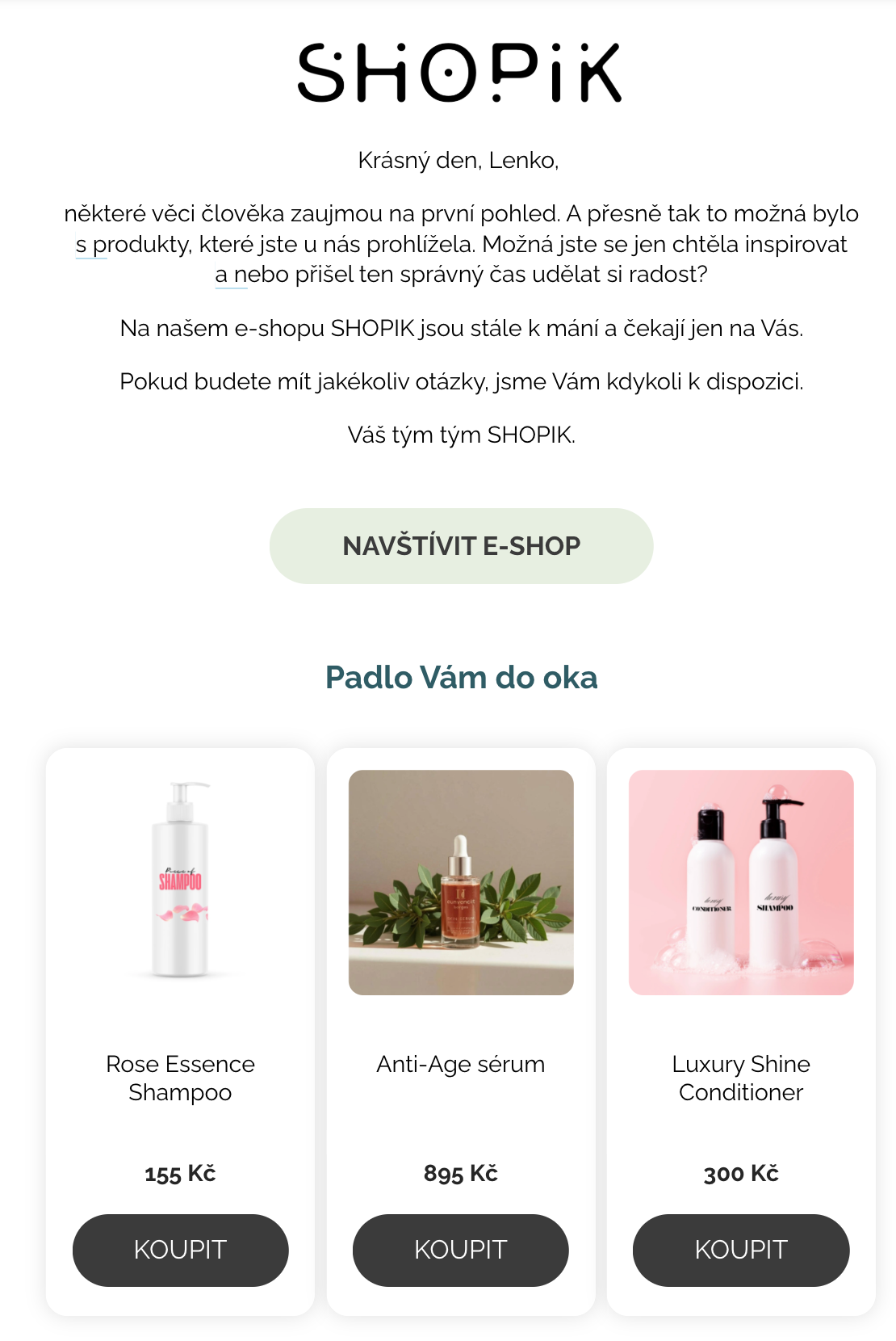 Ukázka automatického e-mailu v Leadhubu připomínající prohlížené produkty