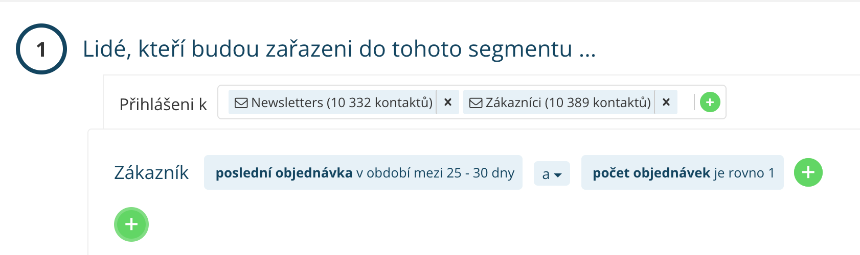 Ukázka cílení automatické kampaně v Leadhubu – 30 dní po první objednávce