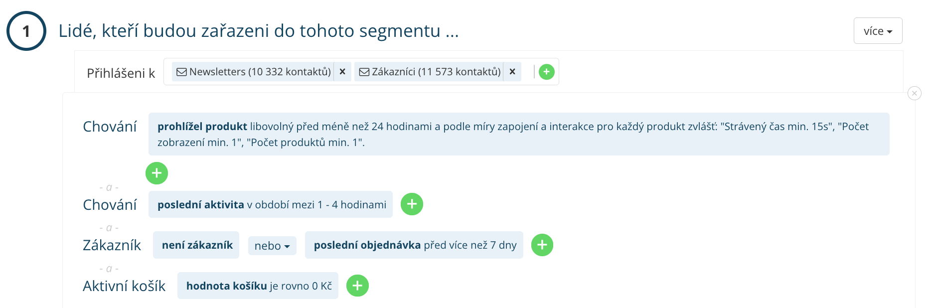 Ukázka segmentačního pravidla pro prohlížené produkty v Leadhubu