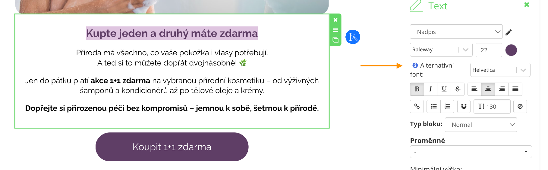 Výběr alternativního fontu přímo v drag & drop editoru v Leadhubu